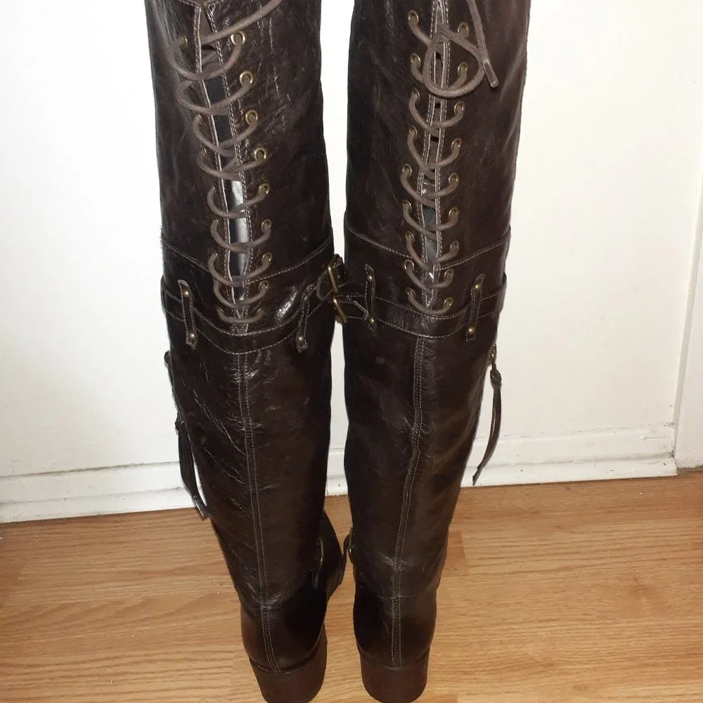 POUR LA VICTOIRE-Victorella-Over Knee Boots-Dk Brown Leather-Sz 7.5-Excellent